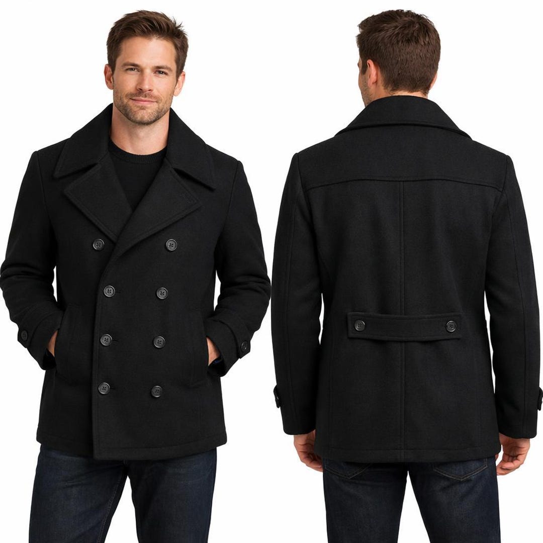 Men's Black Wool Pea Coat: Winter Warm Gentleman Peacoat, Double ...