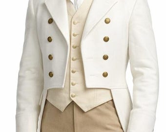 Men's White Wool Regency Tailcoat: Handmade Vintage Victorian Steampunk Tailcoat