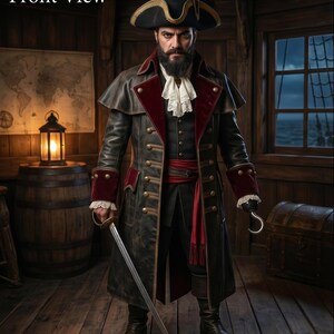 May include: A pirate costume featuring a long dark brown leather coat with deep red velvet lapels and cuffs, a black tricorn hat with gold trim, a white ruffled cravat, a red sash, a metal hook hand attachment, and a silver-toned sword.