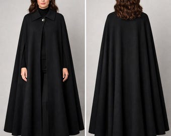 Women's Black Wool Long Cape: Handmade Vinatge Victorian Cape Coat