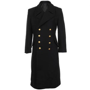 Sobretudo masculino preto em lã azul-marinho: estilo militar, sobretudo tipo trench coat
