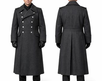 Men's Charcoal Wool Military Greatcoat, Double Breasted Vintage Long Coat