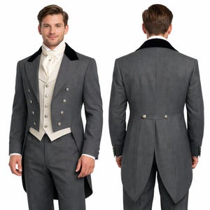 May include: A grey formal suit with a black velvet collar, double-breasted front, and silver buttons. The suit includes a matching waistcoat and trousers. The image shows both the front and back views of the suit.