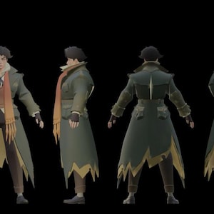 May include: A 3D character model labeled Pocket, shown from four angles. The figure wears a dark green trench coat with a jagged hem, a long orange and yellow gradient scarf, a light-colored vest, brown trousers, dark gloves, and dark shoes.