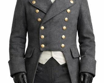 Men's Napoleonic Grey Wool Coat: Vintage Victorian Steampunk Napoleonic Tailcoat