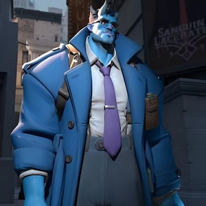 May include: A blue-skinned character with horns wearing a long blue trench coat, a white collared shirt, and a purple tie. The character has glasses and is holding a dark object. The word DEADLOCK is printed in large, bold, beige letters at the top.
