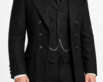 Abrigo de vestir victoriano de lana negra para hombre: estilo steampunk gótico de doble botonadura.
