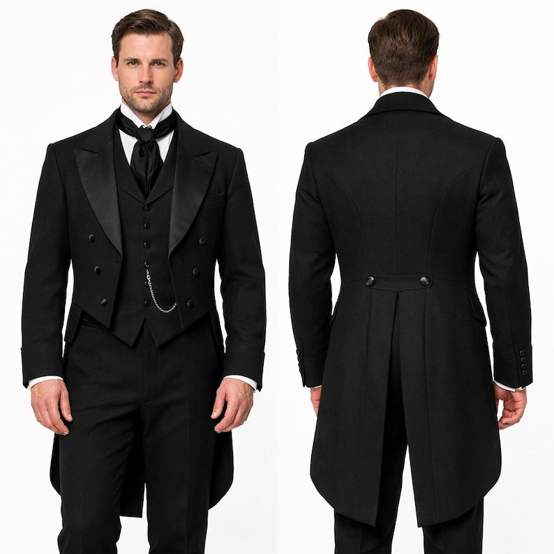 May include: A formal black tuxedo with a tailcoat, vest, and trousers. The jacket has a satin lapel and a double-breasted front. The vest has a chain. The outfit is worn with a white dress shirt and black tie.
