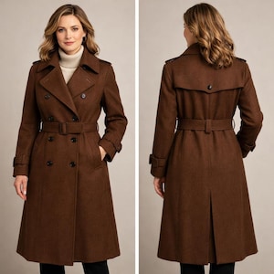 Puede incluir: Un abrigo trench marrón de doble botonadura con cinturón, bolsillos delanteros y cuello con solapas. El abrigo tiene un diseño clásico con cierre de botones y mangas largas. El abrigo se muestra de frente y de espalda.