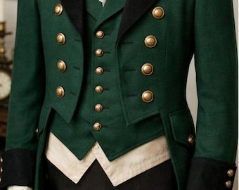 Men's Victorian Green Wool Regency Tailcoat: Vintage Style Steampunk Winter Coat