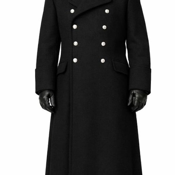 Men's Black Wool Military Greatcoat: Handmade Vintage Winter Wool Overcoat