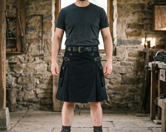 Falda escocesa utilitaria de algodón negro para hombre: prenda de tela de algodón hecha a mano.