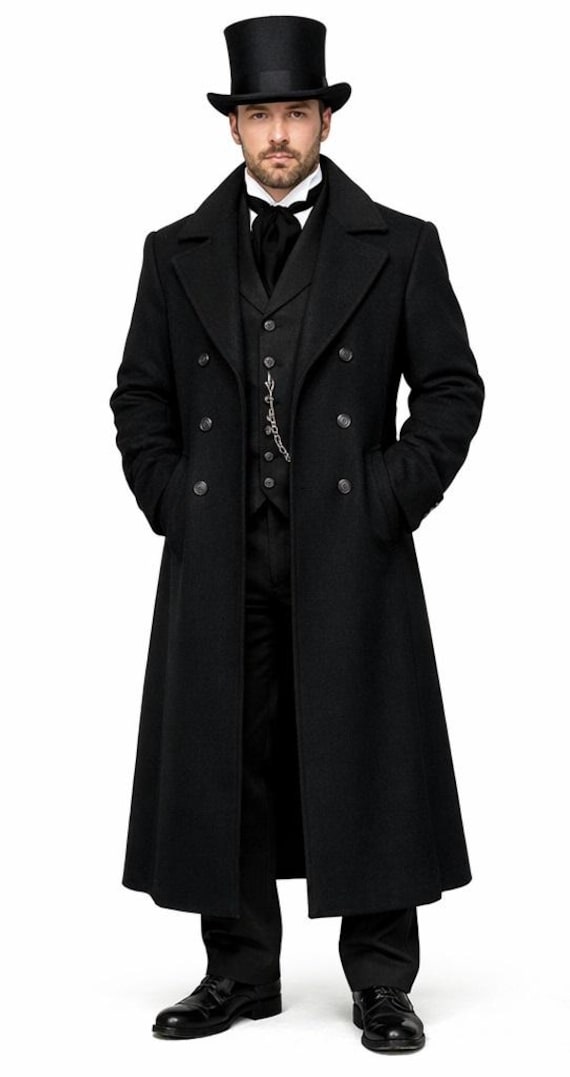 Men's Victorian Black Wool Long Coat: Handmade Vintage Victorian Steampunk Overcoat