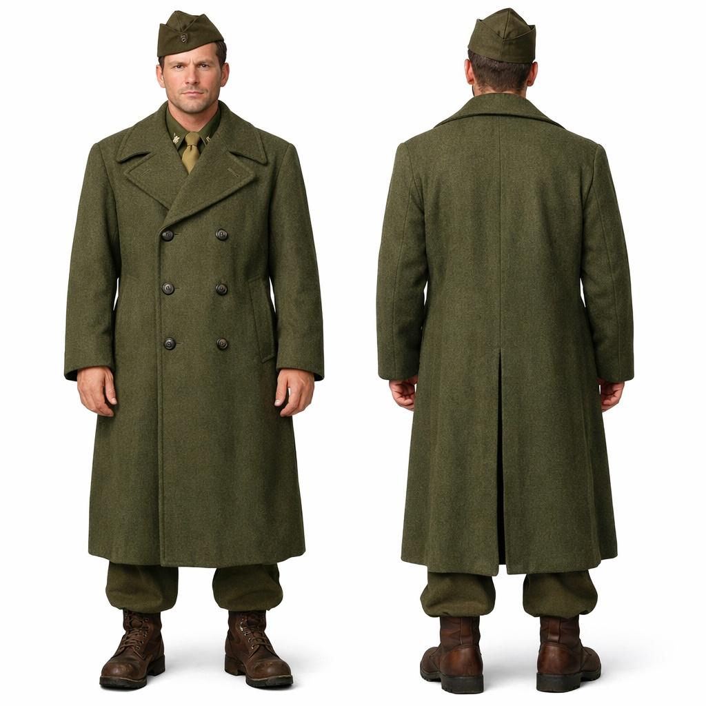 WWII Military Inspired Men's Green Wool Overcoat: Vintage US Army