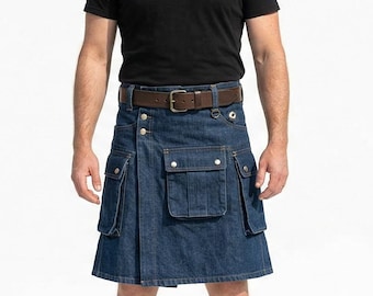 Blue Denim Kilt: Handmade Men's Kilt With Cargo Pockets