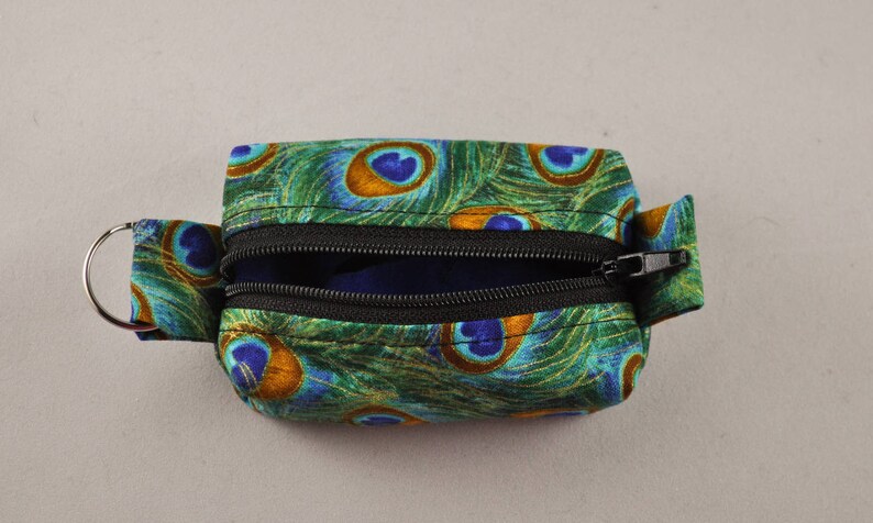 Essential Oil Mini Bag Key Fob Mask Peacock Feathers Tiny Zippered Boxy Keychain Pouch Holder Coin Purse Earbud Holder