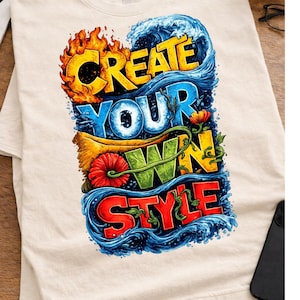 Può includere: T-shirt color crema con una grafica vivace che recita "CREATE YOUR OWN STYLE". Il testo è stilizzato con fiamme, onde ed elementi floreali in giallo, blu, verde e rosso. Il design è centrato sulla maglietta.