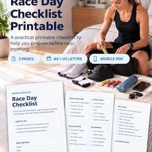 May include: A digital race day checklist printable featuring three pages in A4 and US Letter formats. The document includes sections for running gear, fuel, hydration, and final checks, with clear checkboxes and text for organizing race morning logistics.