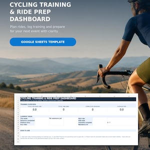 Könnte beinhalten: Eine Google Sheets-Vorlage für ein Radsport-Trainings- und Vorbereitungs-Dashboard. Die Benutzeroberfläche zeigt einen Trainingsüberblick mit Gesamtdistanz, Zeit, abgeschlossenen Einheiten und durchschnittlicher RPE sowie einen Wochenplan.