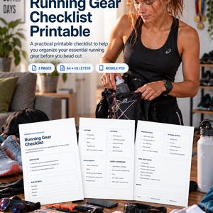 May include: A printable running gear checklist document featuring three pages, available in A4 and US Letter sizes, and as a mobile PDF. The document includes sections for clothing, footwear, tech, safety, carry, hydration, and a final gear check.