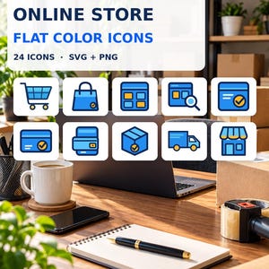 May include: A digital collection of 24 e-commerce and online store flat color icons in SVG and PNG formats. The graphic features blue and yellow icons representing a shopping cart, bag, calculator, search, credit card, printer, box, truck, and storefront.