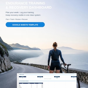 May include: A digital endurance training and recovery dashboard Google Sheets template featuring the MK Active Sport logo, text headers, and a spreadsheet interface showing session, training time, distance, and recovery metrics for athletes.