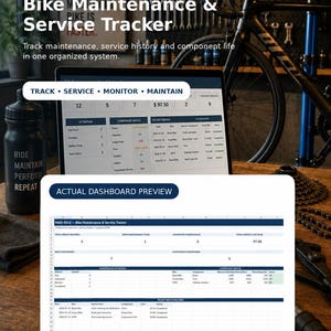 Può includere: Un modello digitale Google Sheets per il monitoraggio della manutenzione e dell'assistenza delle biciclette. Il display mostra una dashboard con colonne per la cronologia, la durata dei componenti e lo stato, con il testo MK Active Sport e Bike Maintenance & Service Tracker.