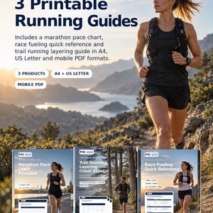 May include: A digital running reference bundle featuring three printable guides: a marathon pace chart, a race fueling quick reference, and a trail running layering guide. Available in A4, US Letter, and mobile PDF formats by MK Active Sport.