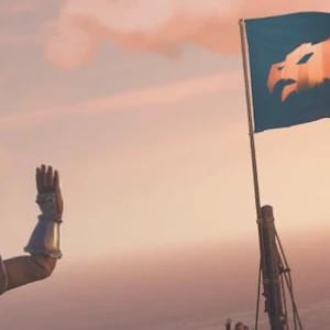 May include: A teal flag with a gold eagle emblem waves in the wind against a sunset sky. A person in a hat and armor raises a hand. The scene evokes a sense of adventure and exploration, possibly related to a pirate or nautical theme.