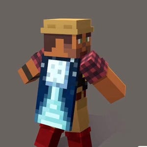 May include: A blocky character in the style of Minecraft, with a tan hat, brown hair, and a red and black checked shirt. The character has a blue cape with a white design and red boots. The background is a plain grey.