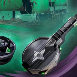 Può includere: Un banjo nero e argento con un design a stella e una bussola con accenti verdi. Una nave spettrale sullo sfondo, con illuminazione verde. Il banjo ha un manico nero e un corpo argentato.