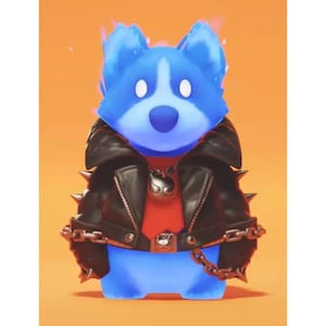 May include: A stylised blue bear-like figure with glowing white eyes, wearing a black leather jacket with silver spikes on the shoulders and sleeves, a red shirt underneath, and a silver chain belt with a metallic pendant hanging around its neck.