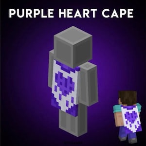 Op de afbeelding: Digitale illustratie van een Minecraft-personage met een paarse en witte cape met een hartontwerp. De tekst "PURPLE HEART CAPE" staat bovenaan de afbeelding. De achtergrond is een paarse gradi&euml;nt.