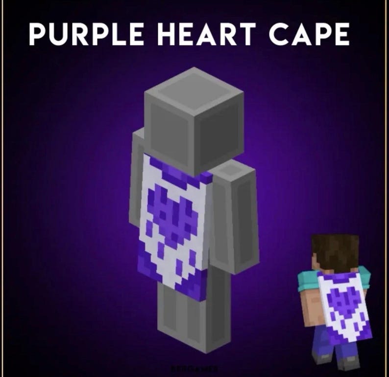 Op de afbeelding: Digitale illustratie van een Minecraft-personage met een paarse en witte cape met een hartontwerp. De tekst "PURPLE HEART CAPE" staat bovenaan de afbeelding. De achtergrond is een paarse gradi&euml;nt.