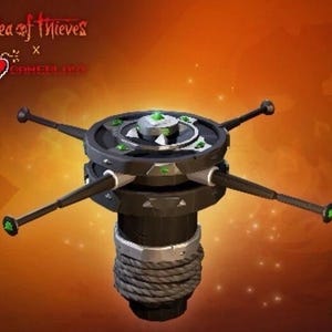 Puede incluir: Un dispositivo negro y plateado con cuatro brazos extensibles, cada uno con un acento verde. El dispositivo tiene un diseño circular central con una gema verde. La base es negra con un detalle plateado en forma de cuerda. El texto "Sea of Thieves" es visible.