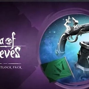 Puede incluir: Imagen que presenta una pistola de chispa, una jarra y una bandera verde, todos con temática pirata. Los objetos están sobre un fondo estrellado dentro de un círculo morado. También se ve el texto "Sea of Thieves" y "Ebon Flintlock Pack".