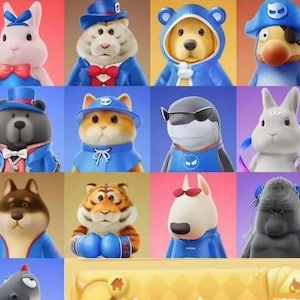 May include: A grid of cartoon animal characters, each with a unique design. The animals include a rabbit, bear, dog, cat, and tiger, all wearing blue outfits. The background colors vary, creating a vibrant and playful composition.