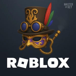 Op de afbeelding: Een steampunk-thema karakterontwerp met een bruine hoge hoed met gouden accenten, een blauwe bril en een goud en paars masker. Het ontwerp bevat rode, groene en blauwe veren. Het Roblox-logo wordt hieronder weergegeven.