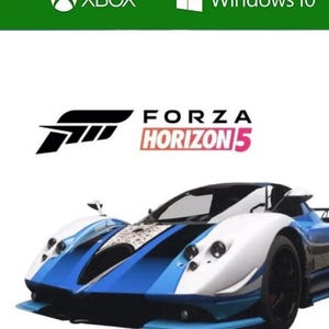 May include: A digital code for Forza Horizon 5. The image features a blue and white sports car with the game's logo. The top of the image has the Microsoft, Xbox, and Windows 10 logos. The bottom of the image says "DIGITAL CODE".