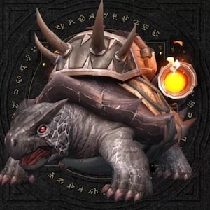 Op de afbeelding: Gedetailleerde illustratie van een fantasiegepantserde schildpad met spikes en een gloeiende bol. De schildpad is grijs met rode ogen en een bruin schild. Het pantser is metaalachtig met scherpe spikes.