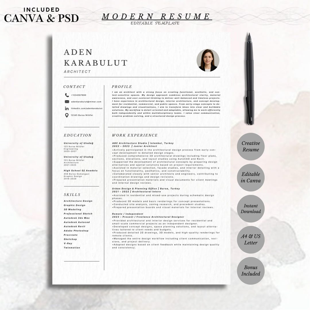 Resume Template Canva & PSD | Modern Professional CV + Cover Letter ...