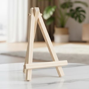 Pode incluir: Um pequeno cavalete de madeira inacabado, perfeito para exibir obras de arte ou fotos. O cavalete é feito de madeira clara e tem um design simples em forma de A. Mede cerca de 20 cm de altura e está sobre uma mesa de mármore branco.