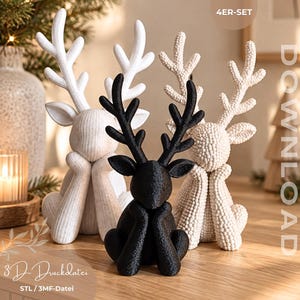 May include: A set of three deer figurines in a sitting pose with hands on their chins. One is black with a smooth finish, while two are white with textured surfaces. The text 4ER-SET and 3D-Druckdatei STL / 3MF-Datei are visible on the image.