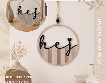 Archivo STL y 3MF para impresión 3D: panel decorativo con diseño de corona "hej" | decoración moderna para puerta principal