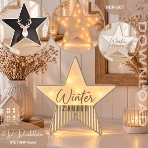 Könnte beinhalten: Ein 8er-Set aus sternförmigen Leuchtdekorationen mit verschiedenen Motiven wie einer Hirschsilhouette, floralen Mustern und dem Schriftzug Winter Zauber. Es handelt sich um digitale 3D-Druckdateien im STL- und 3MF-Format zum Herunterladen.