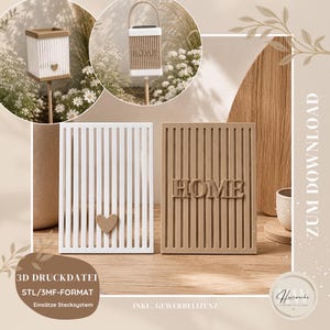 May include: A display of decorative wooden home decor items. The image features a white and a tan vertical slatted panel, one with a heart and the other with the word "HOME". Also shown are two small lanterns with the word "HOME" on them. The text "3D DRUCKDATEI" is visible.