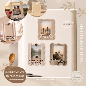 Ensemble de cadres photo magnétiques (fichiers STL et 3MF pour impression 3D) | Famille, Moments partagés, Lieu préféré | 3 cadres pour photos 4 x 6 cm
