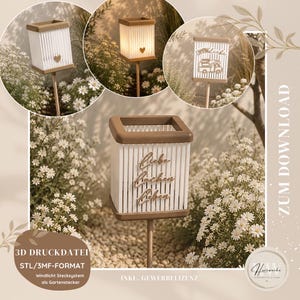 May include: A white and brown garden stake with a rectangular lantern design. The lantern has vertical slats and a brown frame, with a heart-shaped cutout. The text "Liebe Kochen Leben" is visible on the front. The image also includes the text "3D DRUCKDATEI STL/3MF-FORMAT".