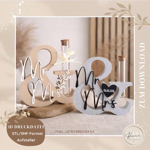 STL & 3MF 3D print file "Mr & Mrs" stand, wedding decoration, customizable, with or without test tube, incl. commercial license