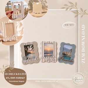 May include: A set of three scalloped-edge rectangular picture frames with magnets, featuring vertical stripes in beige and white, blue and white, and solid beige. Each frame displays text including Reise, glück, Meer, liebe, and Fernweh.